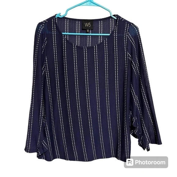 W5 Women's Top Blouse Blue White Ruffle Bell Sleeves Tunic Shirt Plus Size M - Picture 1 of 8